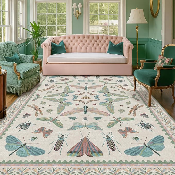 Sage Green Rugs for Bedroom Under Bed - 6x9 Area Rug for Living Room, Dining Room, Kids Playroom, Fun Insect Cute Décor,Ultra Soft Non Slip Stain Resistant