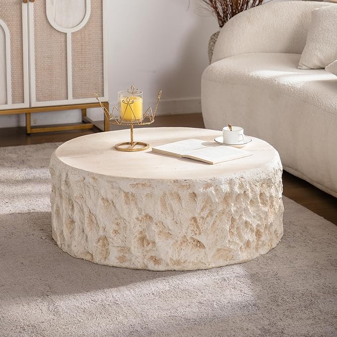 31.49" MgO Round Centre Coffee Table Vintage Faux Stone Sofa Pre-Modern Coffee Tables for Living Room Office Apartment,Amber