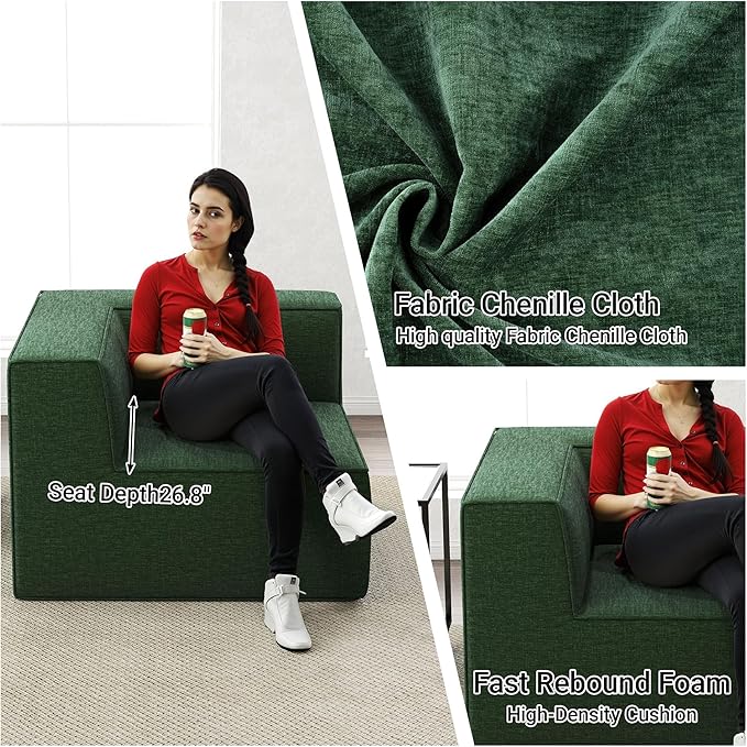 38“ Modular Sectional Sofa Convertible Cube Couch Seat Set, Combine L-Shaped U-Shaped, Free Assembly, Space-Saving for Living Room, Thick Foam Fabric Chenille Green (Only Corner)