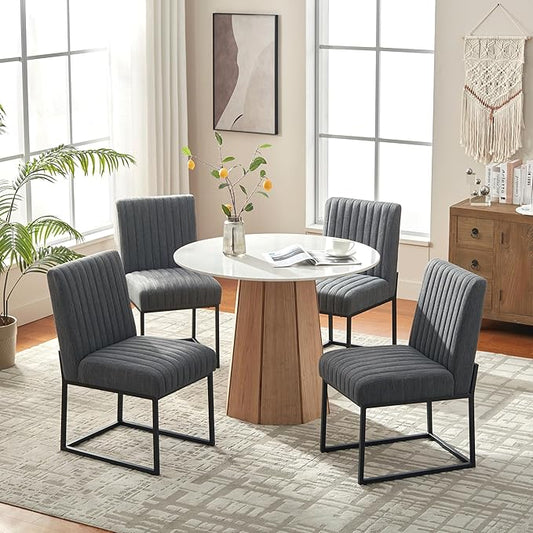 VKNOW Upholstered Dining Chairs Set of 4, Modern Dining Room Chairs with Stripe, Linen Kitchen Chair Dinner Chair with Black Metal Base for Kitchen Office, Dark Grey