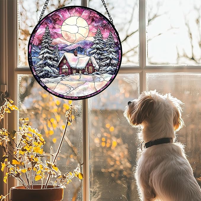 Stained Glass Window Hanging - Winter Snow Scene Cabin Moon Sun Catcher for Door Garden Home Decor Pine Tree Suncatcher Christmas Mother's Day Birthday Gifts for Women Men Mom Nana 9.8 in