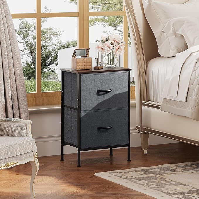 WLIVE Night Stand Set 2, Dresser and Nightstand Sets, Nightstands for Bedroom with 2 Fabric Drawer, End Tables Bedroom Furniture Set, Closet, College Dorm, Dark Grey, Size L