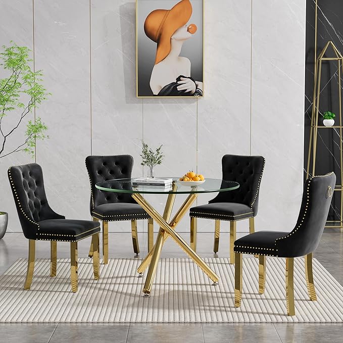 36" Round Glass Dining Room Table for 4 with Tempered Glass Top and Gold Chrome Metal Tube Legs, Modern Clear Kitchen and Dinner Table for Home Office Dining Room