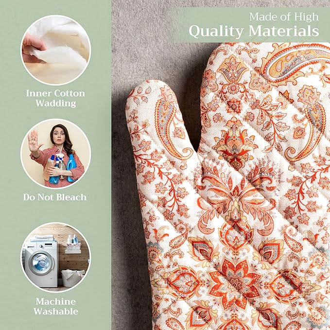 Maison d' Hermine Oven Gloves 100% Cotton Oven Mitt 7" x 13" with Loop Heat Resistant BBQ Cooking Gloves for Thanksgiving Christmas Decorations Baking Handling Hot Pans (Pack of 1, Cachemire)