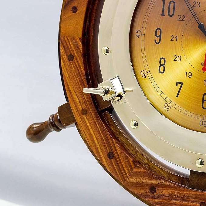 Nagina International 24" Exclusive Pirate's Nautical Ship's Steering Wheel Styled Porthole Clock | Lavish Wall Decor Gifts & Collectible