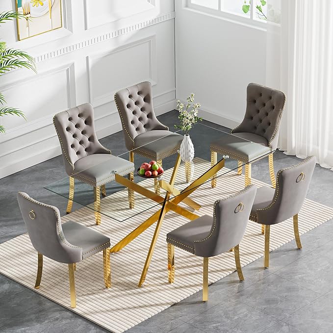 Goujxcy 7 Piece Glass Dining Table Set Modern Glass Dining Table Set for 6, 61" Rectangular Gold Kitchen Table and 6 Velvet Upholstered Chairs, Gold Table & Gray Chair