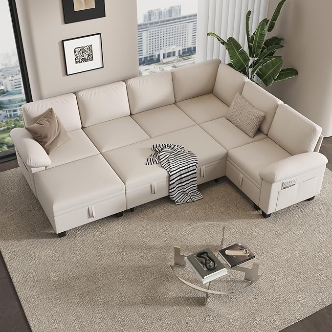 100" Modular Sectional Sleeper Sofa with Pull Out Bed,U Shaped 7 Seat Sectional Sofa with Storage,Modular Couch for Living Room,Deep Seat Couch with Removable Sofa Cover,Beige
