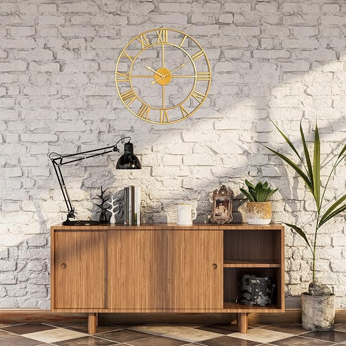 1st owned Large Wall Clock, Metal Retro Roman Numeral Clock, Modern Round Wall Clocks Almost Silent, Easy to Read for Living Room/Home/Kitchen/Bedroom/Office/School Decor (Gold, 16 Inch)