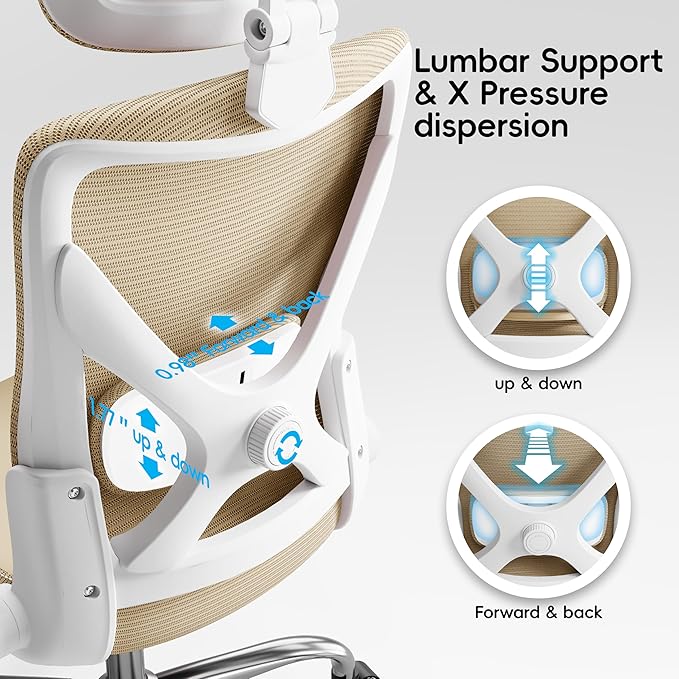 Office Home Ergonomic Desk Chair-Computer X-Shaped Chair Mesh PU Leather with Adjustable Lumbar Support-Executive Chair High Back with Headrest Flip-Up Arms for Long Hours (Khaki)