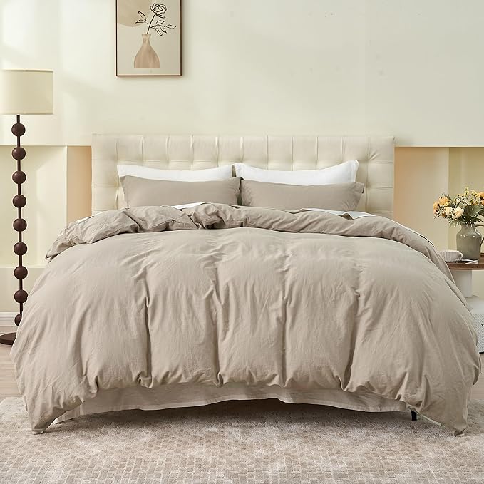 Simple&Opulence French Linen Duvet Cover Set 78" x 86"- 3 Pieces (1 Comforter Cover,2 Pillowcases)- Natural Flax Cotton Blend-Solid Color Breathable Farmhouse Bedding- Khaki, Full