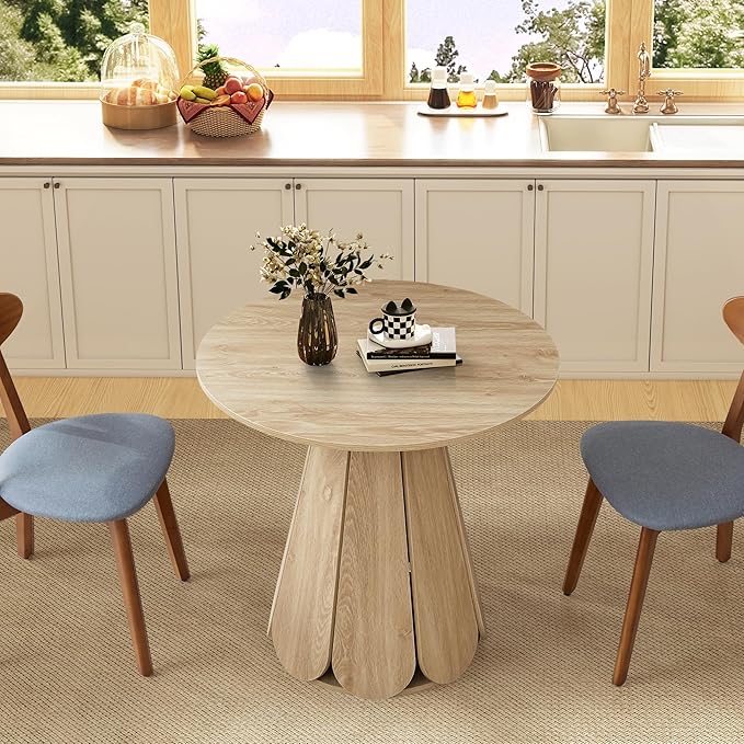 31.5 inch Small Round Dining Table, Modern Kitchen Table for 2 to 4 Person, Farmhouse Wood Circle Dining Room Tables with Pedestal Base, Space Saving Dinner Tables for Apartment, Small Space, Natural