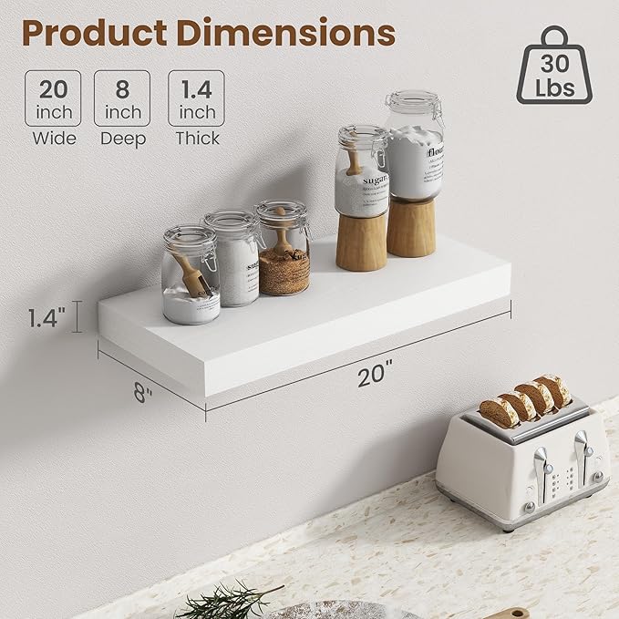 20 Inch Floating Shelves for Wall, 8 Inch Deep Floating Shelf for Storage & Display, Rustic Wall Mounted Shelf with Invisible Brackets for Living Room, Kitchen, Bathroom, Home Decor, Set of 2, White