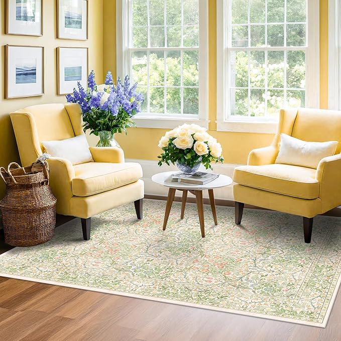 Washable Neutral Floral Living Room Rug, 3x5 Area Rugs for Bedroom, Nursery, Kitchen, Large Entryway, Vintage Non-Slip Throw Rug Low Pile Stain Resistant (3x5 Garden Green)