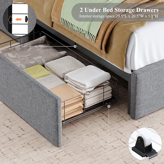 HOSTACK Queen LED Bed Frame with Storage Headboard and Charging Station, Boys Bed Frame with 2 Drawers and USB Ports, Velvet Upholstered Platform Bed Frame with Bookcase, No Box Spring Needed, Grey