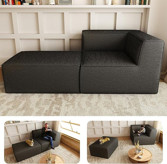 76" Sectional Compressed Sofa Modular Couches,High-Density Foam No Assembly Required, 2-Piece(1x Corner 1x Ottoman) for Living Room, Chenille Dark Gery