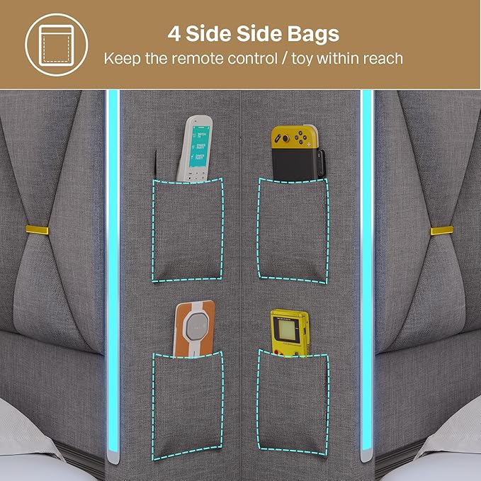 King Bed Frame, King Size Bed Frame with Storage Headboard and LED Lights, Charging Station, Metal Support, Noise-Free, Easy Assembly,Gray