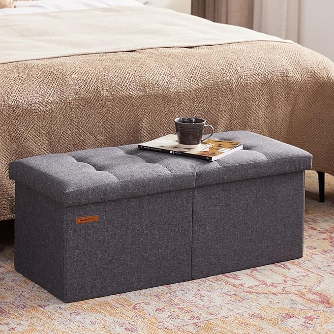 HAUSFRAU 31.5 Inches Ottoman with Storage, Folding Ottoman Bench Small Foot Rest Stool, Bedroom Bench with Flipping Lid, Linen Grey