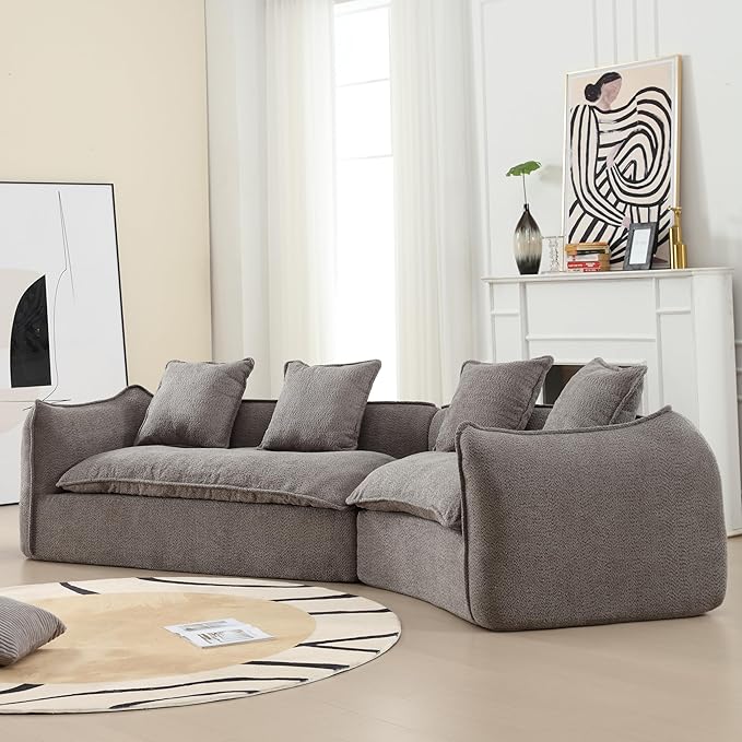 129.9” Curved Boucle Sofa Couch, Modern Sectional Sofa Cloud Deep Seat Couch with 4 Pillows, Comfy Modular 4-Seat Couches for Living Room Apartment (Grey)