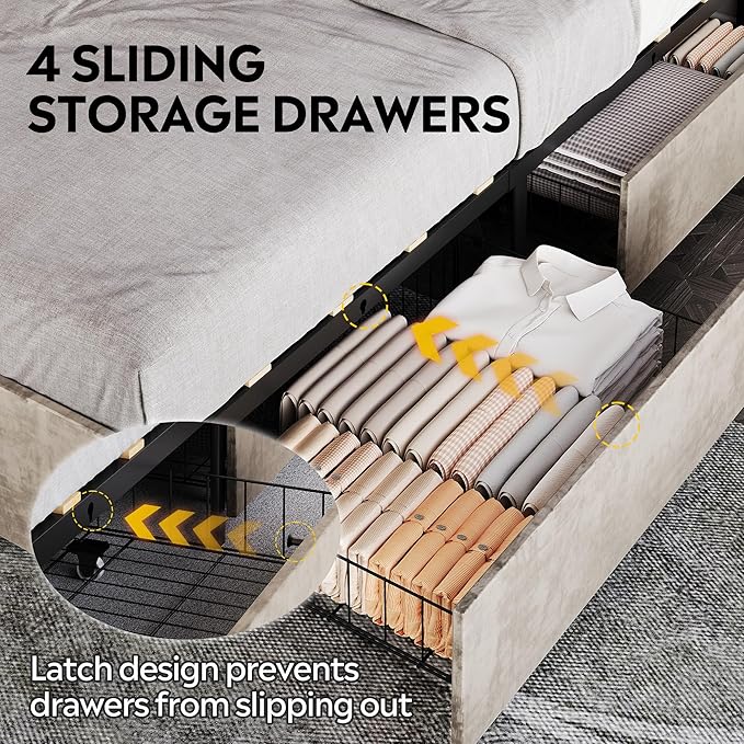 WLIVE Full Size Upholstered Bed Frame with 4 Drawers and Velvet Square Tufted Headboard, Sturdy Metal & Wooden Slats Support, No Box Spring Needed, Easy Assembly, Beige