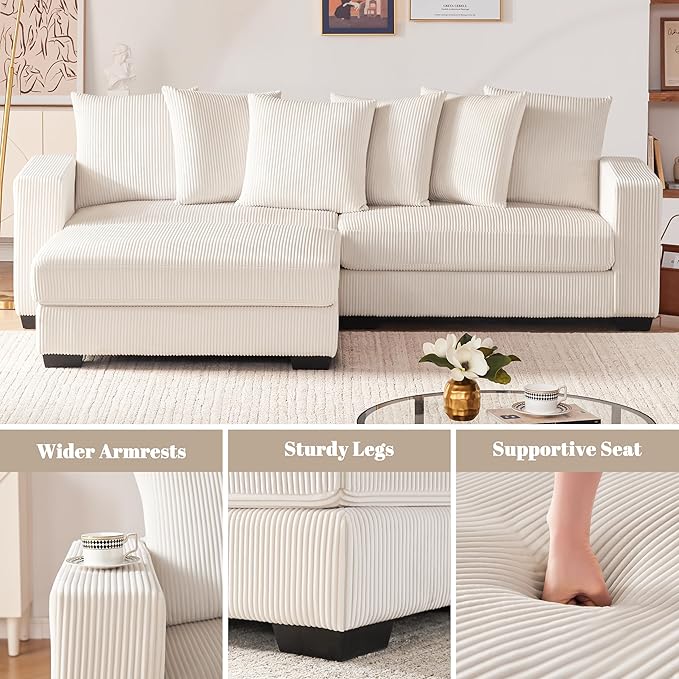 101.6" Deep Seat Modular Sectional Sofa, Comfy Corduroy Sectional Couches for Living Room, L-Shaped Upholstered Cloud Couch with Chaise, Widened Armrests for 4 People, Beige