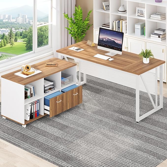 Tribesigns 63-Inch Executive Computer Desk with 47-Inch Lateral File Cabinet, Large Workstation Business Furniture, L Shaped Desk with Drawers and Storage Shelves for Home Office, Walnut & White