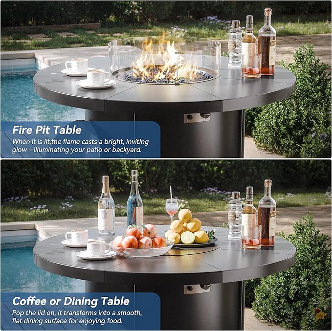 Kurapika 5 Pieces Patio Furniture Set, Rattan Wicker Outdoor Conversation Sets, 4 Woven Rattan Swivel Chairs w/48in Propane Fire Pit Table and Thickened Cushions, Navy Blue