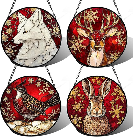 Stained Glass Window Hanging 4 Pcs Set Red Golden Snowflakes Large 11.8" - Christmas Elk Rabbit Suncatcher Door Garden Sun Catcher Decor Birthday for Mom Woman Nana Men