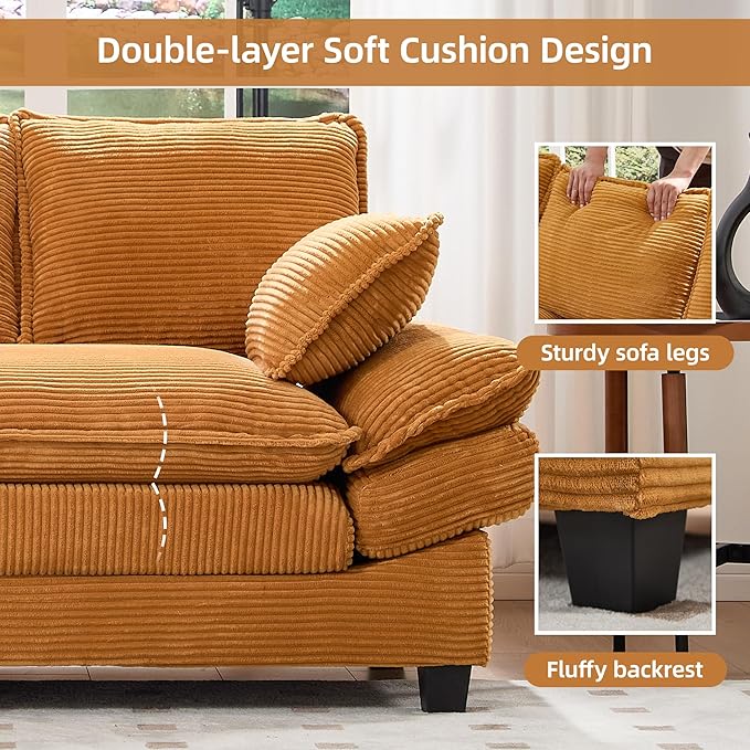 83" Loveseat Sofa, Cloud Couches for Living Room, Comfy Corduroy Couch with Deep Seat, Love Seat Couches for Bedroom, Apartment and Office, Easy Assemble for Small Space (Yellow)
