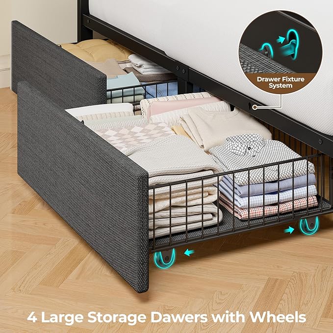 Seventable Queen Bed Frame with 4 Storage Drawers, Charging Station & LED Lights, Upholstered Headboard with 2-Tier Shelves, Metal Platform Bed, No Box Spring Needed, Noise-Free, Grey