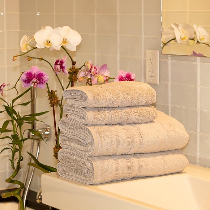 Mosobam Luxury Turkish 4pc Towel Set 30X58 16X30 Light Grey (Gray) 700 GSM Bamboo Viscose & Aegean Turkish Combed Cotton