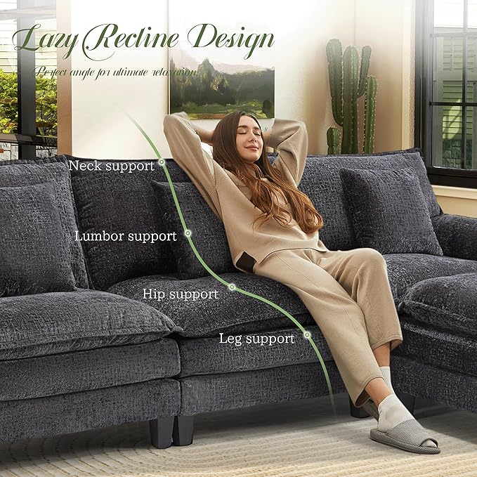 Comfy Chenille Cloud Couch with Movable Ottoman, Modular Sectional Sofa, 106" L Shaped Modern Sofa with Pillows, Deep Seat Couches for Living Room, Bedroom and Apartment, Black