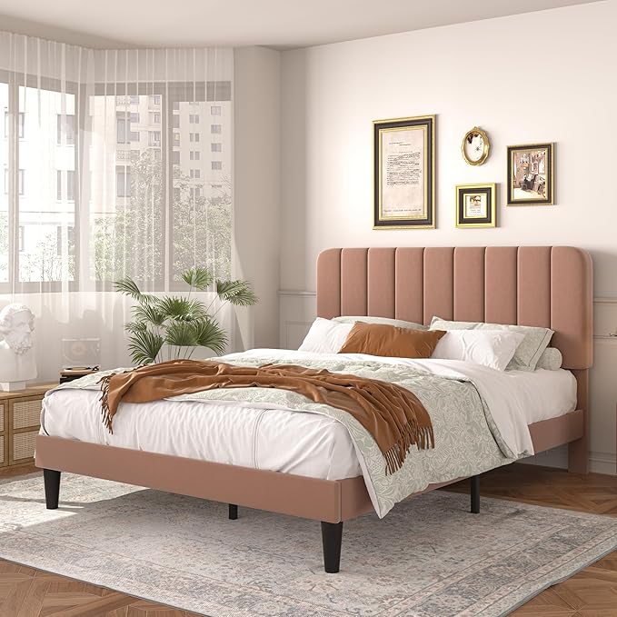 VECELO Queen Size Bed Frame with Upholstered Headboard, Velvet Platform Bedframe Mattress Foundation, Strong Wood Slat Support, No Box Spring Needed,Tan Brown