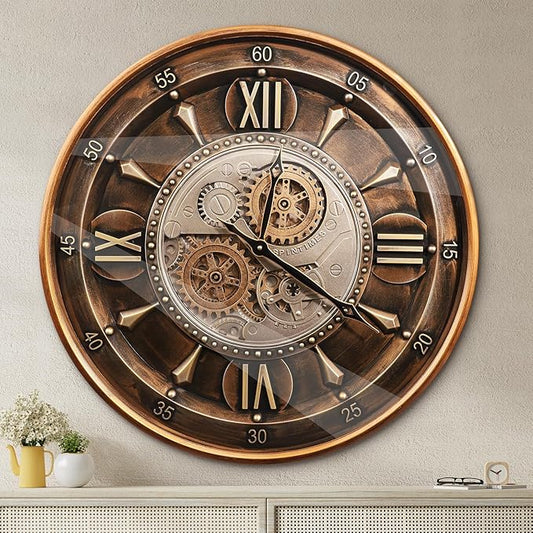 October Elf 24 Inch Wall Clock with Moving Gears Large Industrial Steampunk Metal Clock Antique Gold Oversized Farmhouse Decor Wall Clock for Living Room Home Office(Brown with Roman Numerals)