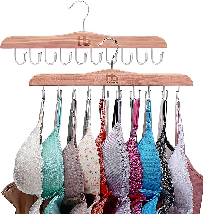 Large Bra Hanger and Bra Organizer for Closet – Tank Top Hanger Space Saving for House, Dorm, Apartment - Foldable Wooden Hangers for Closet Organizer - 20 Hooks - Cedar Wood, Natural, 2 Pack