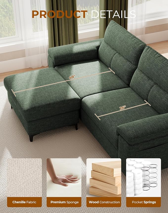 88.97" L Shaped Sectional Couches for Living Room, Deep Seat Sofa with Big Storage Ottoman & 8”Cushion, Comfy 2-Seater Chenille Loveseat, Convertible Armrest, Removable Cover for Small Space(Green)