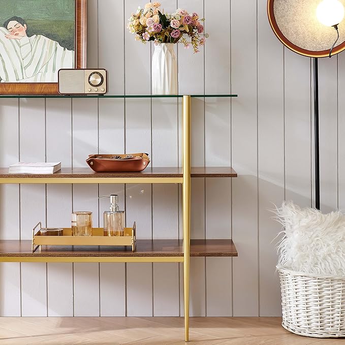 Glass Console Table for Living Room, Foyer & Entrance, H41 x W14 x H31inch, 3-Tier Mid-Century Modern Sofa Table with Clear Glass Top, Walnut Finish Wood Shelf and Gold Finish Frame