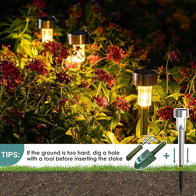 GIGALUMI 16 Pack Solar Path Lights Outdoor,Solar Lights Outdoor Waterproof,Stainless Steel LED Landscape Lighting,Solar Garden Lights for Driveway,Pathway,Patio,Yard