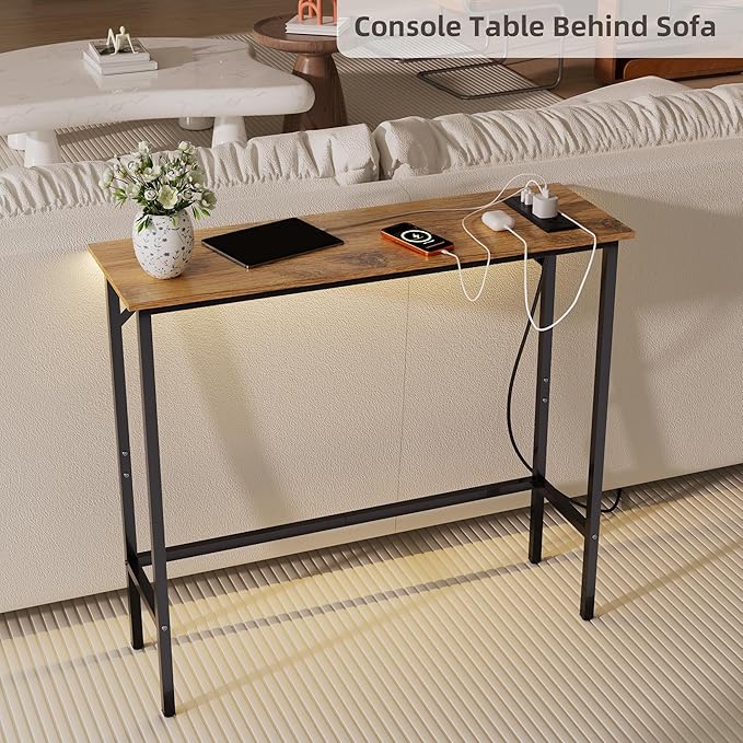 Narrow Console Table with Led Light and Charging Station，29.5" Small Entryway Table，Display Table，Entryway Hallway Thin Sofa Table Behind Sofa, Small Spaces, Living Room, Rustic Brown
