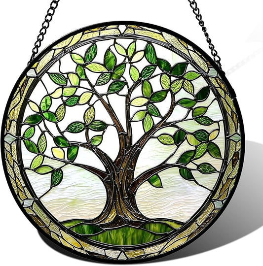 Stained Glass Window Hanging - Brown Tree Trunk Green Leaves Sun Catcher for Door Garden Home Decor Plant Suncatcher Christmas Mother's Day Birthday Gifts for Women Men Mom Nana 9.8 in