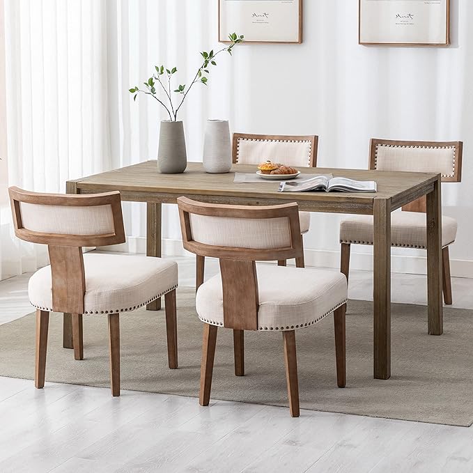 Mid Century Modern Dining Chairs Set of 6 Linen Fabric Upholstered Kitchen Side Chairs with Nailhead Trim, Modern Kitchen Armless Solid Wood Dining Chairs, Beige
