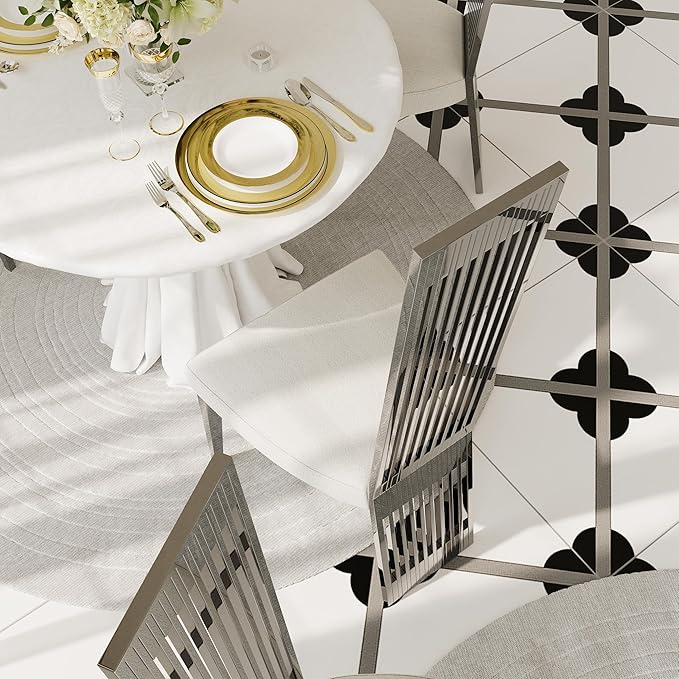 White and Silver Dining Chairs Set of 2, Upholstered High Back Dining Chairs with Mirrored Stainless Steel Backrest and Legs, Modern Luxury Dining Room Chair for Kitchen Living Room Restaurant