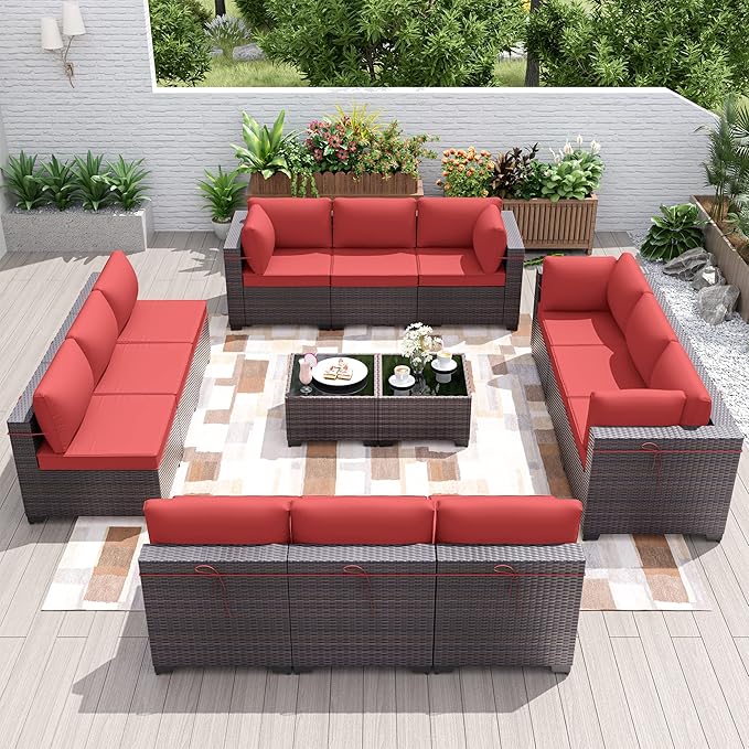 Kurapika 14 Pieces Patio Furniture Set, Rattan Wicker Outdoor Conversation Sets w/4 Inch Cushion and Glass Coffee Table(Red)