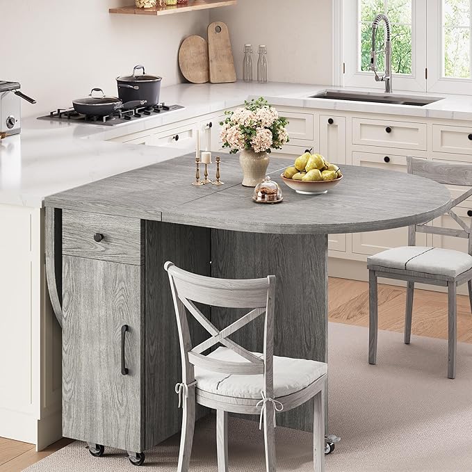 Folding Dining Table for 4 Kitchen Dining Room DinnerTable with Storage Drawer Space Saving Oval Foldable Drop Leaf Gateleg Furniture for Small Space (Grey, 51 * 31.5 * 30)