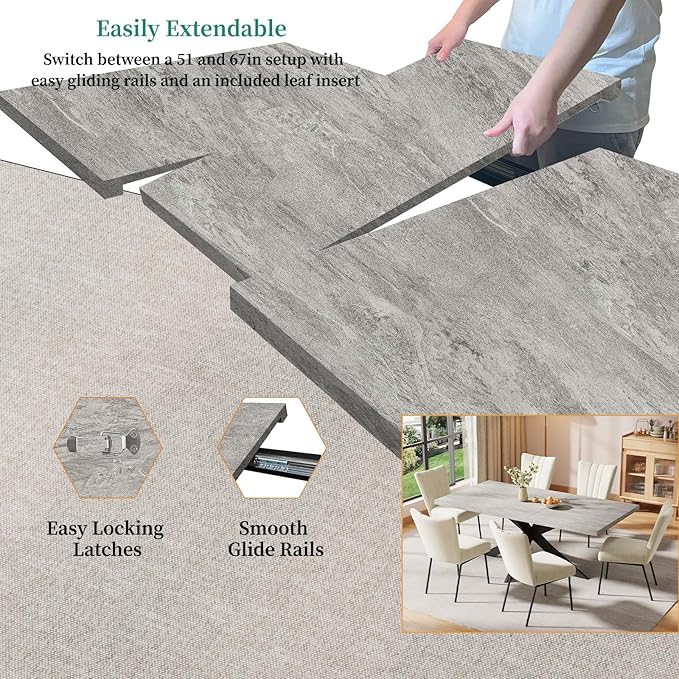 ZckyCine 51"-67" Extendable Dining Table Set with 6 Dining Chairs, Modern Rectangular Kitchen Table Set for 6-8 People, Space-Saving Expandable Dining Table with Metal Frame