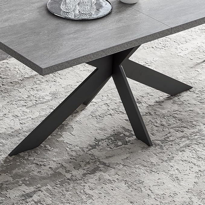 ZckyCine 6-8 Person Modern Rectangular Dining Table Set, 51-67 Inch Expandable Space-Saving Metal Frame Dining Table with Gray Table and 6 Black Chairs for Kitchen or Dining Room