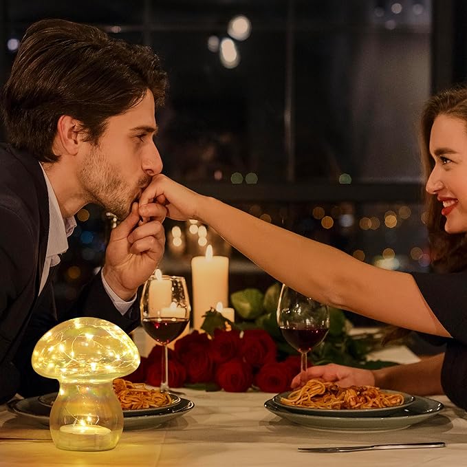 Glass Mushroom Table Lamp, 5.9" Cute LED Night Light for Home Decor, Battery Operated (3 AA), Modern Ambient Light for Living Room Bedroom Office Clear