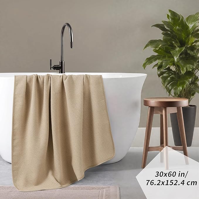 POLYTE 380 GSM Microfiber Oversize Quick Dry Lint Free Waffle Bath Towel for Body, 60 x 30 in, Set of 2