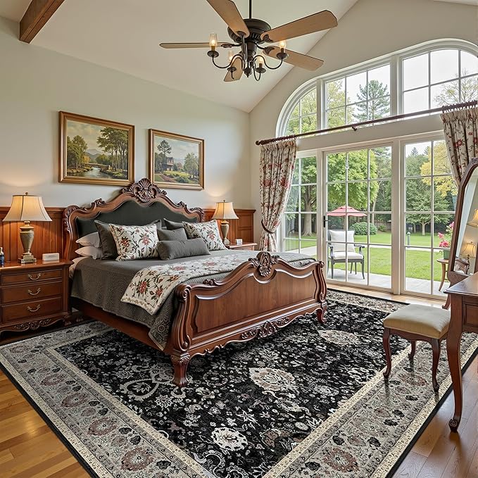 Blcak 8x10 Vintage Rugs for Living Room, Washable Rugs Non Slip Large Area Rug for Bedroom Dining Room Office, Floor Decoration Big Rug Carpet Low-Pile Kid & Pet Friendly(Blcak Navy Multi