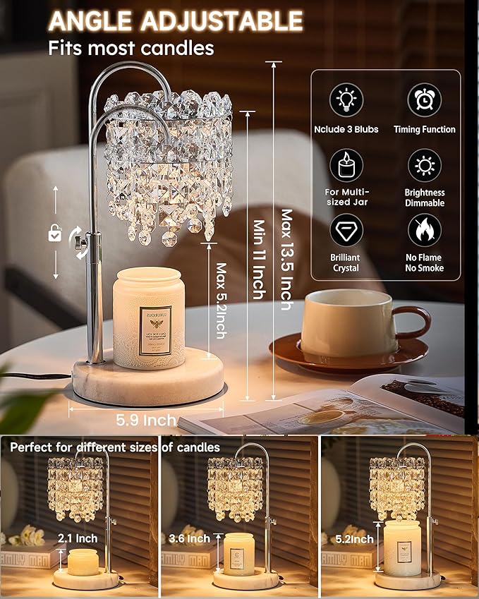 Candle Warmer Lamp with Timer Dimmer Adjustable Height Candle Warmer with Marble Base for Jar Candles, Crystal Candle Lamp with 3 Bulbs for New Home Decor, Women Mom Christmas Birthday Gifts, Silver