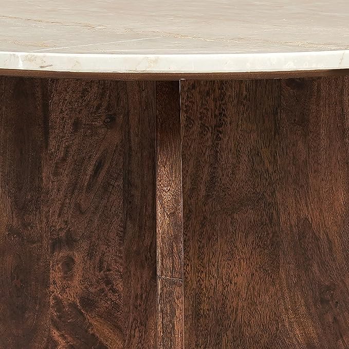 TUP THE URBAN PORT Kali Coffee Table | 27" Natural Round Marble Tabletop | Dark Brown Mango Wood Sculptural Base